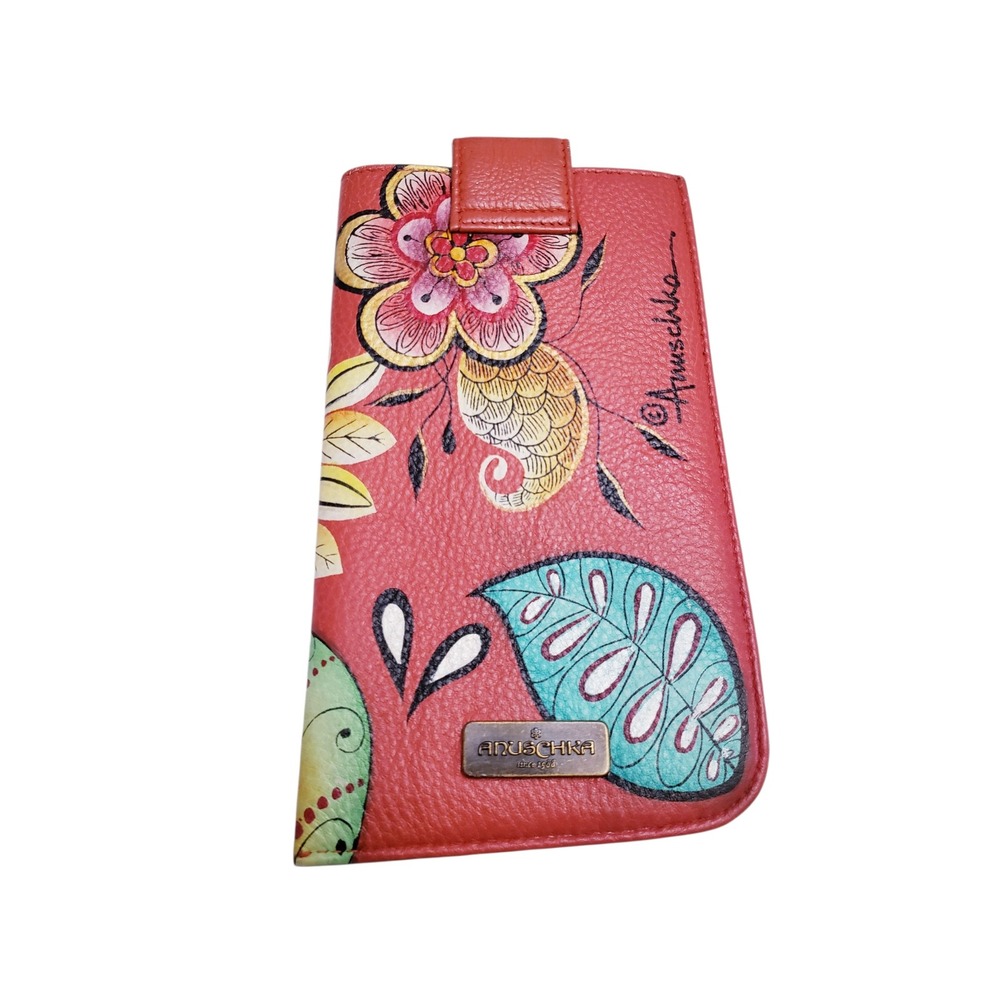 Anuschka Hand Painted Red Leather Floral Paisley Eyeglass Case, Magnetic Closure